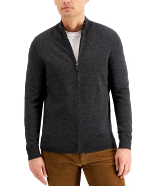 Club Room Men's Merino Full Zip-Front Sweater XL Grey Ebony Heather