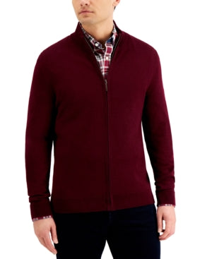Club Room Men's Merino Wool Full Zip Front Sweater Red Plum Large