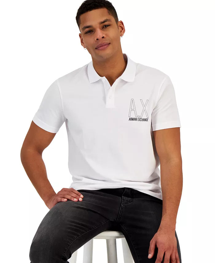Armani Exchange Mens Logo Contrast Short Sleeve Collar Polo Shirt White Medium