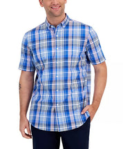 CLUB ROOM Men's Regular-Fit Plaid Short Sleeve Button-Down Shirt Large Blue