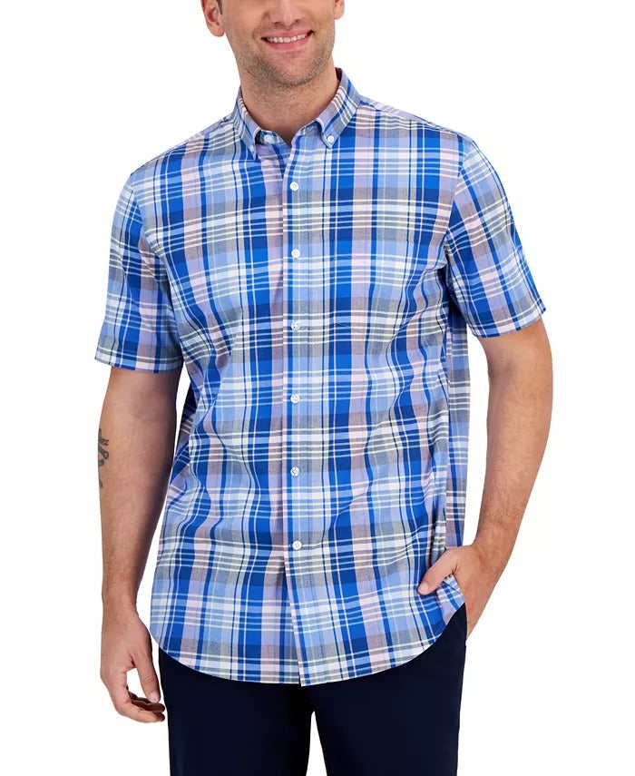 CLUB ROOM Men's Regular-Fit Plaid Short Sleeve Button-Down Shirt Large Blue