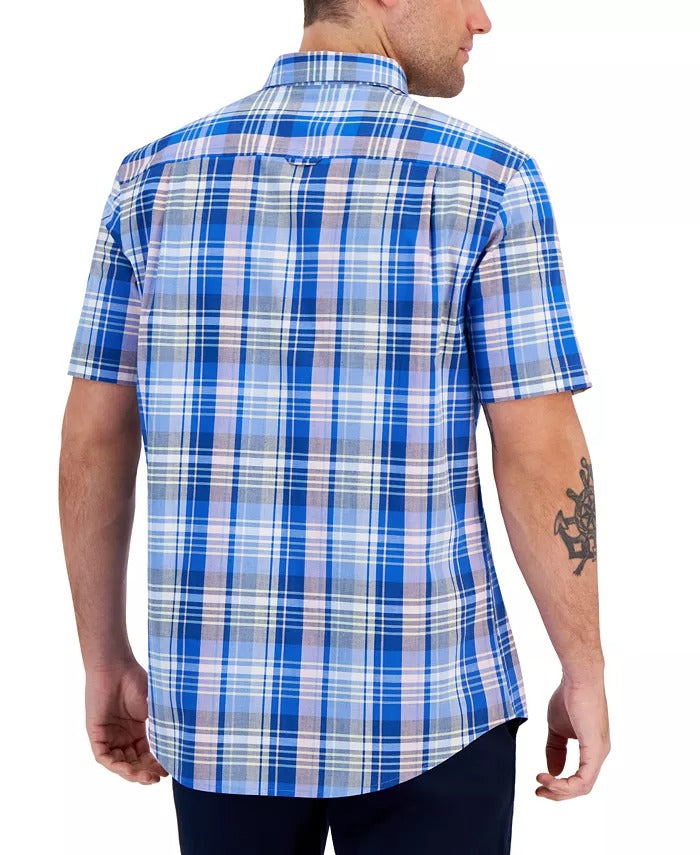 CLUB ROOM Men's Regular-Fit Plaid Short Sleeve Button-Down Shirt Large Blue