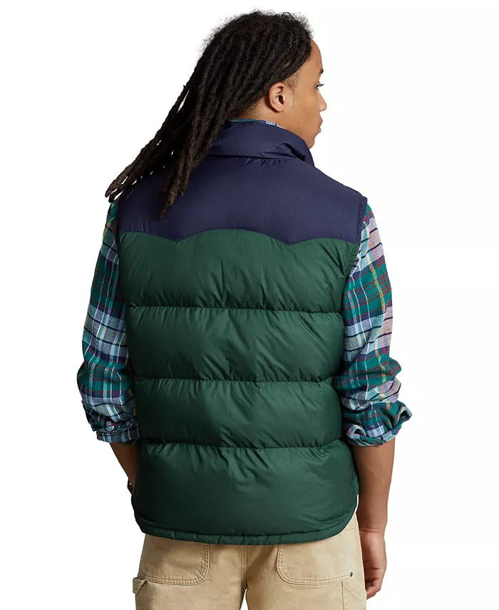 POLO RALPH LAUREN Men's Water-Repellent Color-Block Ripstop Vest Medium Green