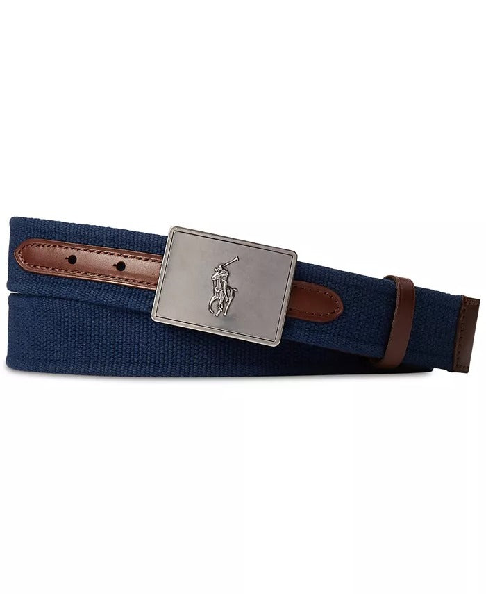 Polo Ralph Lauren Men's Canvas Leather Pony Plaque Newport Belt 32 Blue Brown