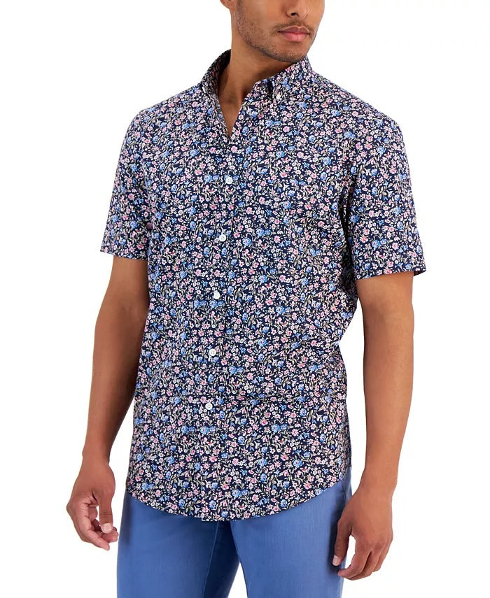 CLUB ROOM Men's Regular-Fit Floral Short Sleeve Button-Down Poplin Shirt XL