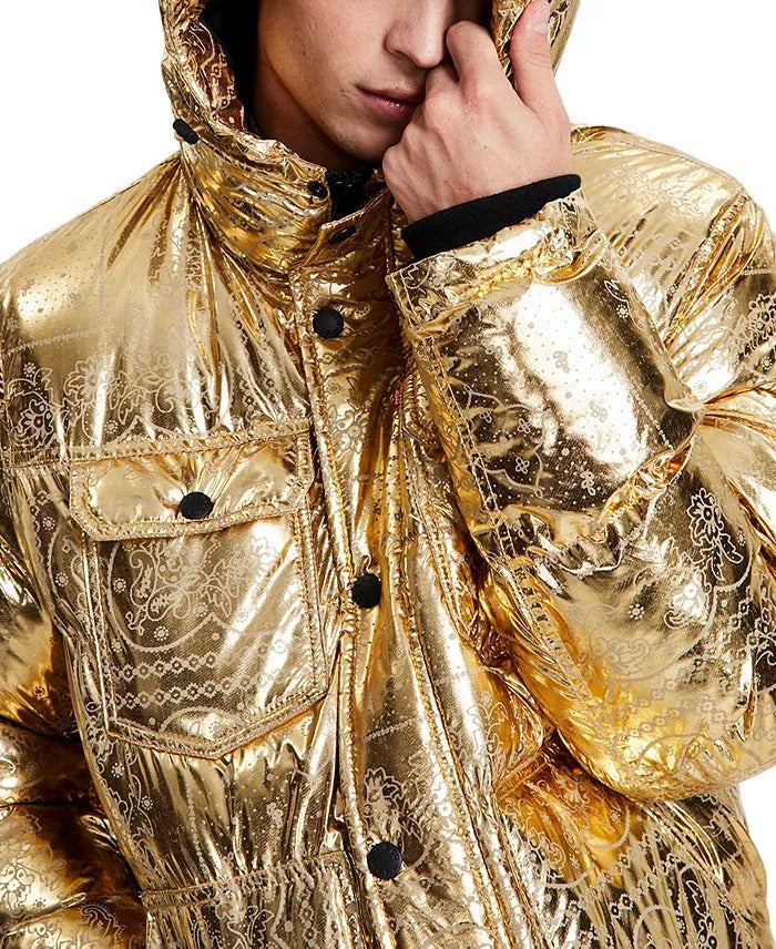 Levis Mens Quilted Hood Gold Bandana Puffer Jacket Coat  Small