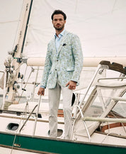 Tallia Men's Slim-Fit Patterned Linen Sport Coat 48L Blue Green