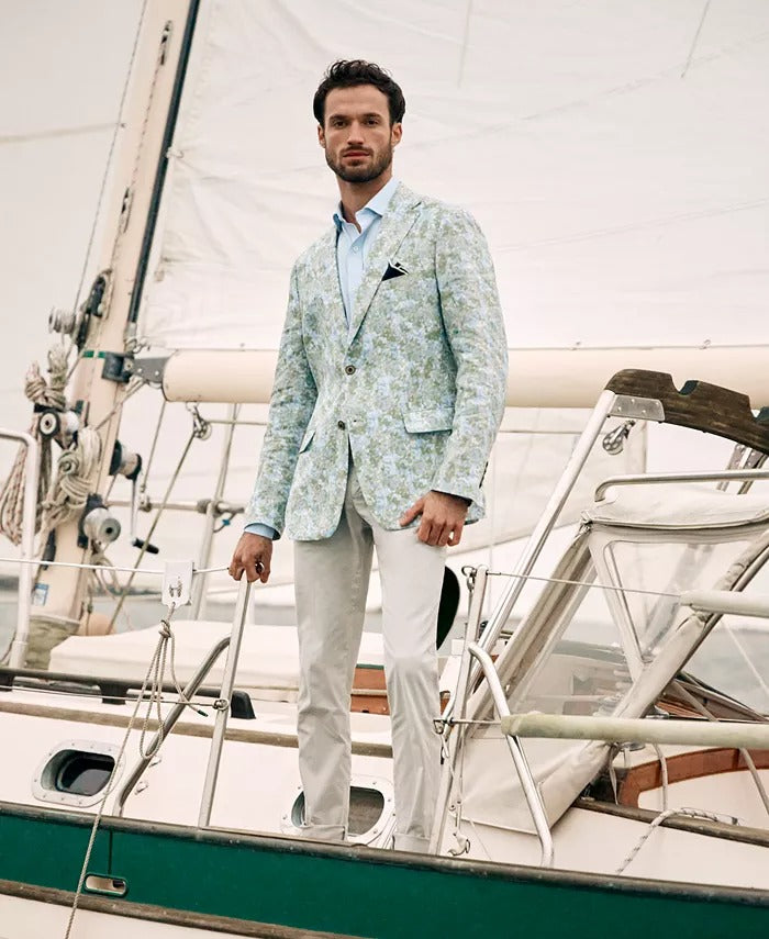 Tallia Men's Slim-Fit Patterned Linen Sport Coat 48L Blue Green