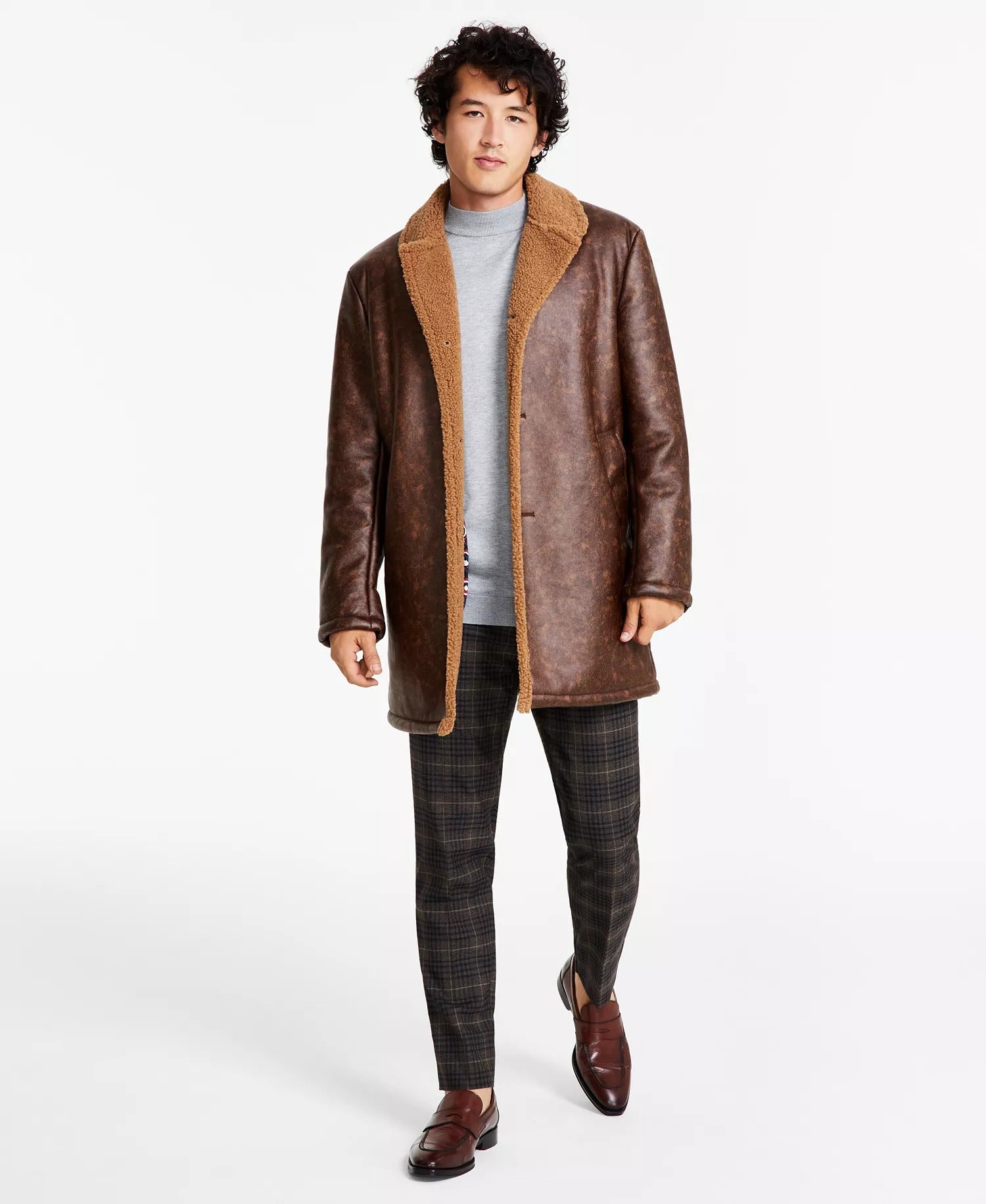 Ben Sherman Men's Shearling Classic Fit Overcoat Coat 40R Brown Camel