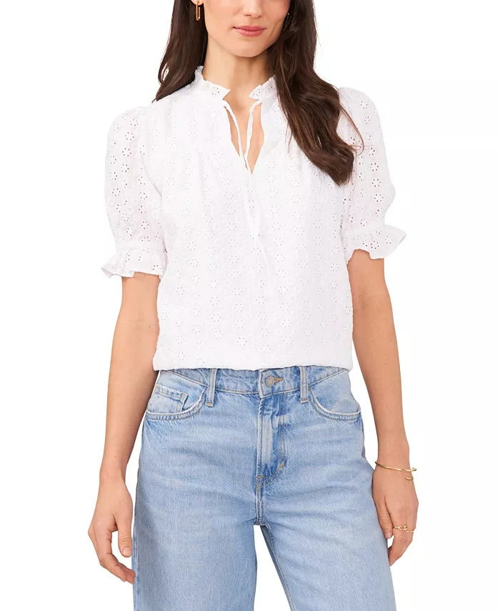 1.STATE Women's Eyelet Short Sleeve Tie Neck Blouse Top XXS White