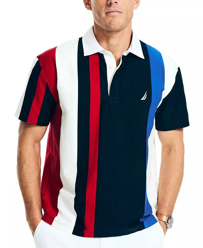 Nautica Men's Classic-Fit Rugby Striped Polo Shot Sleeve Shirt XXL Blue Red