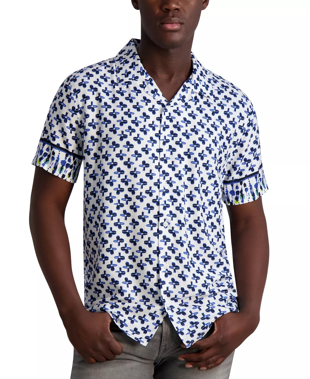 KARL LAGERFELD PARIS Men's Slim-Fit Tie-Dyed Floral Button Down Camp Shirt XXL