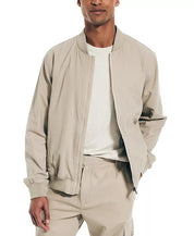 NAUTICA Men's Zip-Front Linen Blend Varsity Jacket XL Khaki Beige Tan