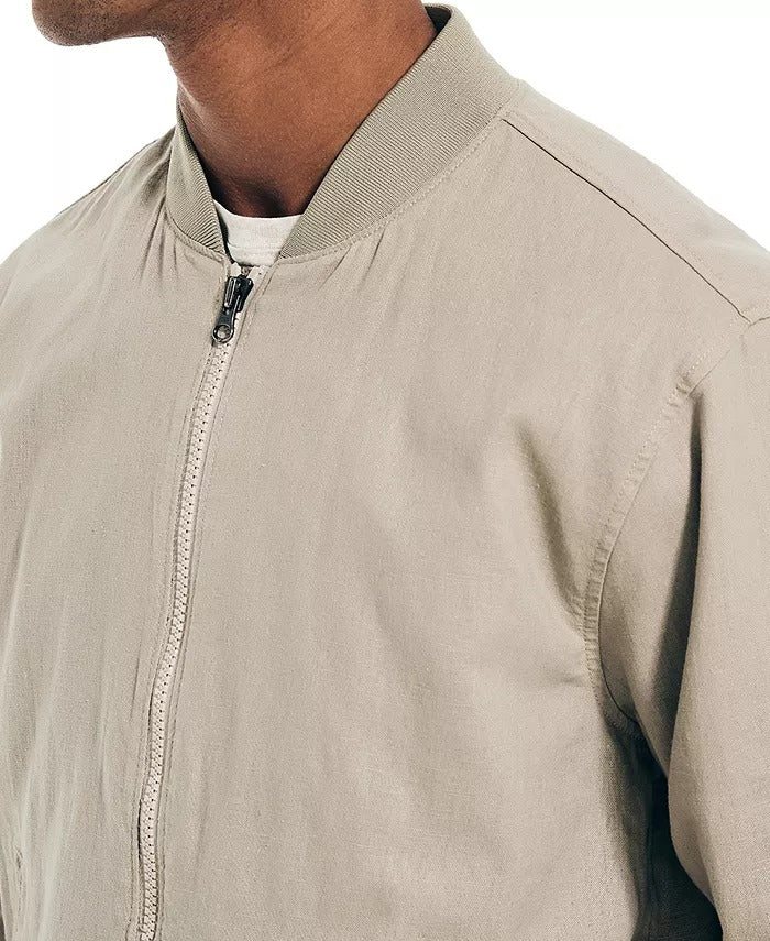 NAUTICA Men's Zip-Front Linen Blend Varsity Jacket XL Khaki Beige Tan