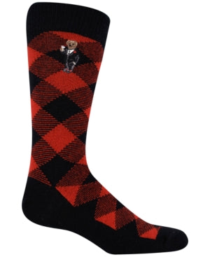 Polo Ralph Lauren Mens Buffalo Plaid Boot Socks Bear Embroidery Black Red10-13