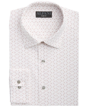 Alfani Mens Slim-Fit Geo-Print Button Down Dress Shirt White Red 17 34 35