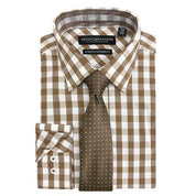 Nick Graham Mens Check Print Modern Fit Button Down Dress Shirt Brown Large