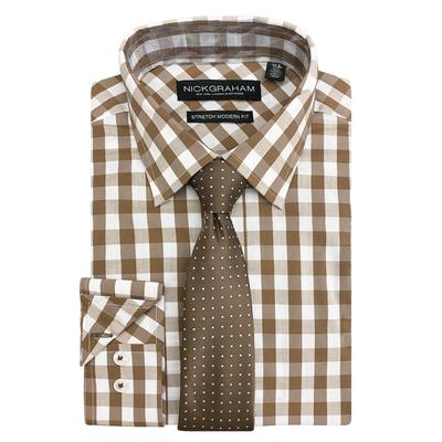 Nick Graham Mens Check Print Modern Fit Button Down Dress Shirt Brown Large