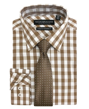 Nick Graham Mens Check Print Modern Fit Button Down Dress Shirt Brown Large
