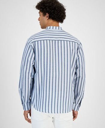 And Now This Men's Banded Collar Seersucker Shirt Small Open Blue