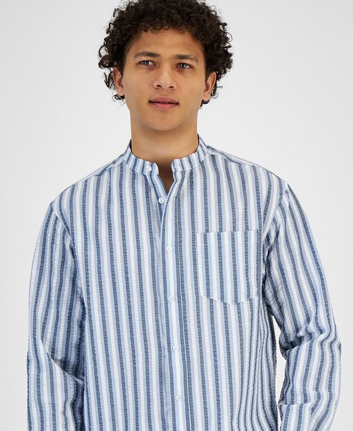 And Now This Men's Banded Collar Seersucker Shirt Small Open Blue