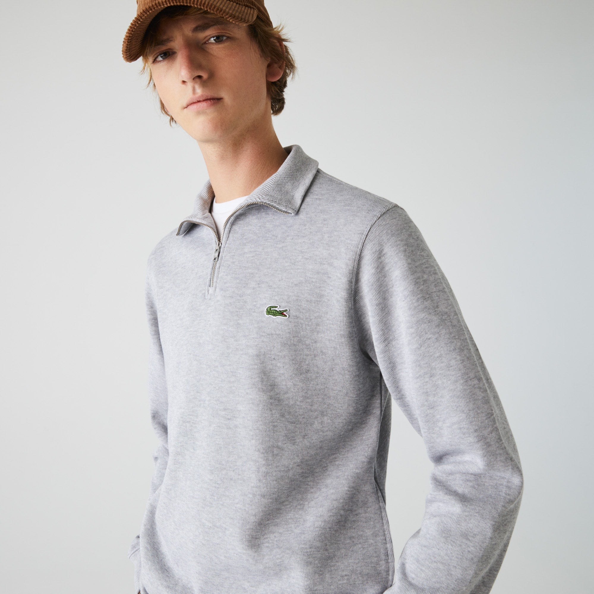Lacoste Men's Solid Quarter zip Sweatshirt Silver Chine Medium