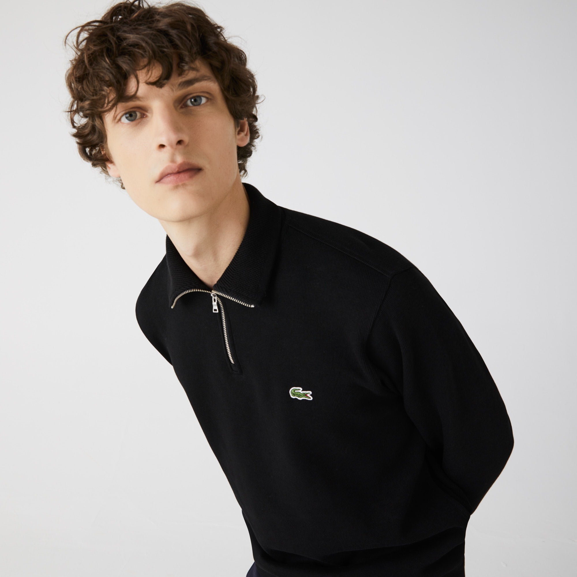 Lacoste Men's Solid Quarter Zip Interlock Ribbed Sweatshirt Black Medium