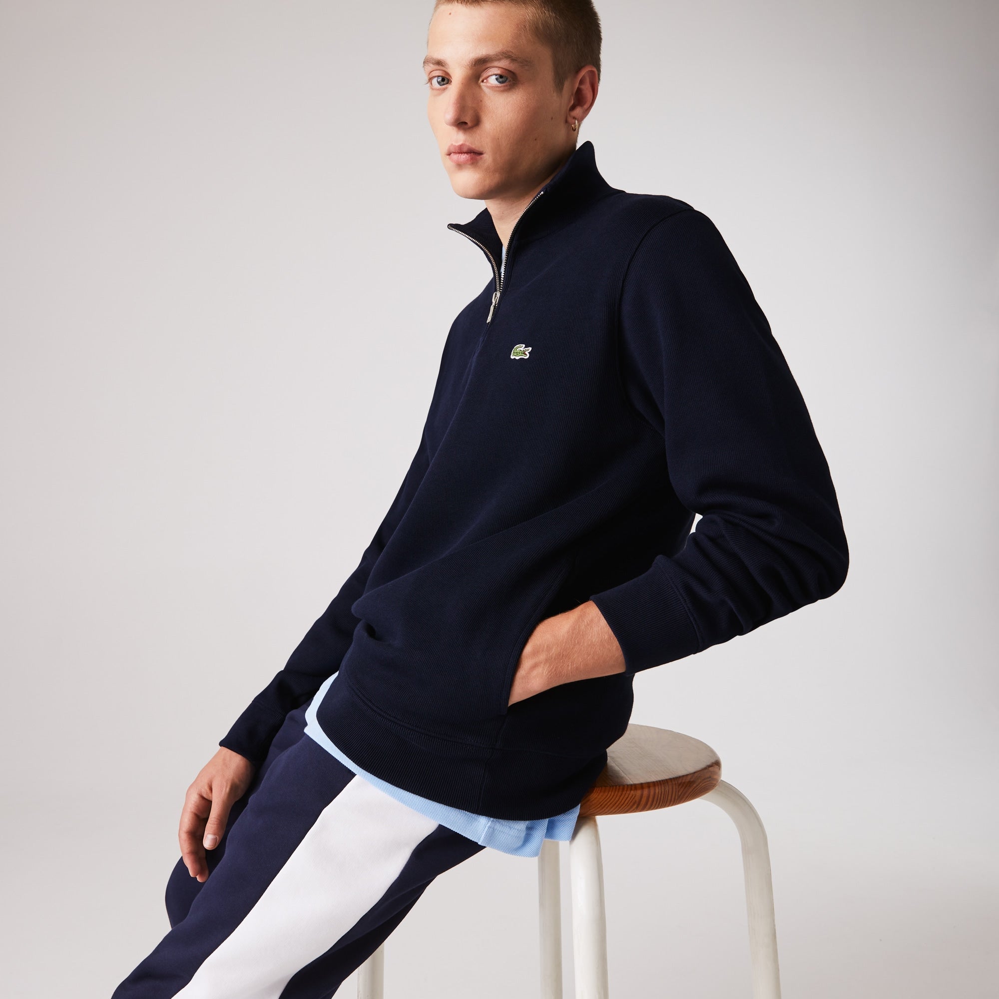 Lacoste Men's Solid Quarter Zip Sweatshirt Navy Blue 2XL