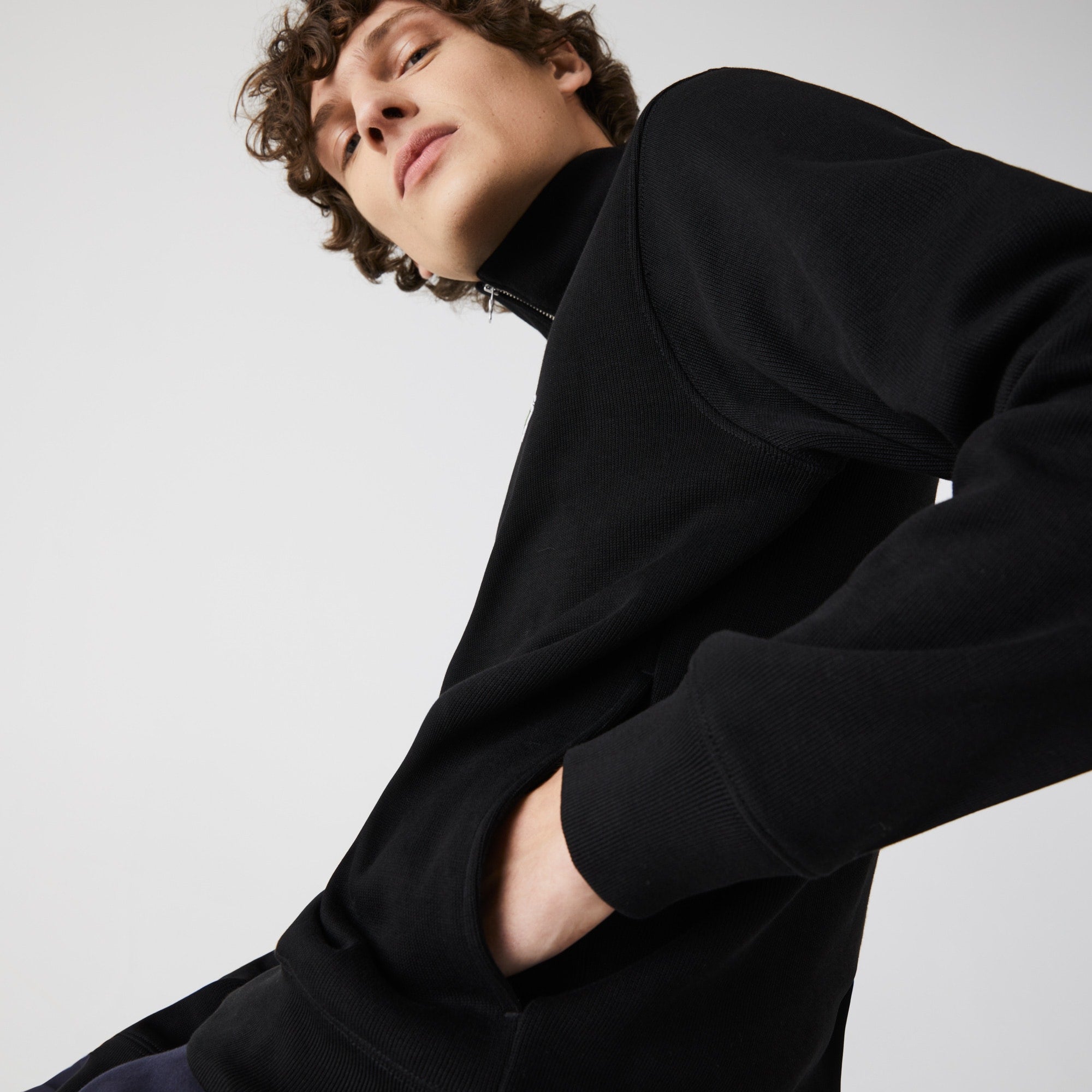 Lacoste Men's Solid Quarter-Zip Interlock Ribbed Sweatshirt Black Large