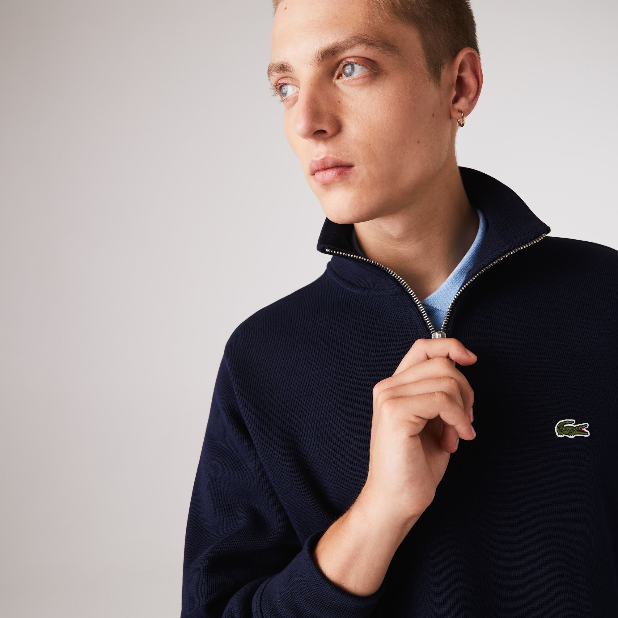 Lacoste Mens Solid Quarter-Zip Sweater Navy Blue Medium