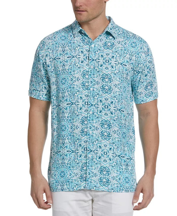 CUBAVERA Men's Tile-Print Button-Down Shirt XL Blue Short Sleeve