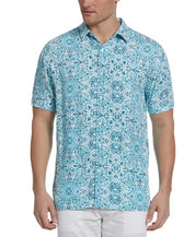 CUBAVERA Men's Tile-Print Button-Down Shirt Small Blue Short Sleeve