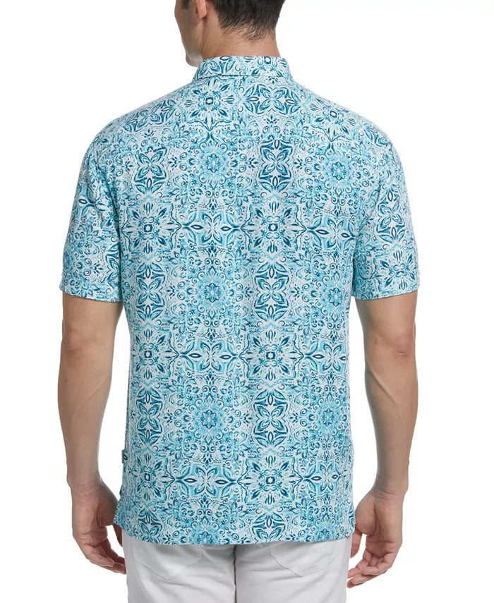 CUBAVERA Men's Tile-Print Button-Down Shirt XL Blue Short Sleeve