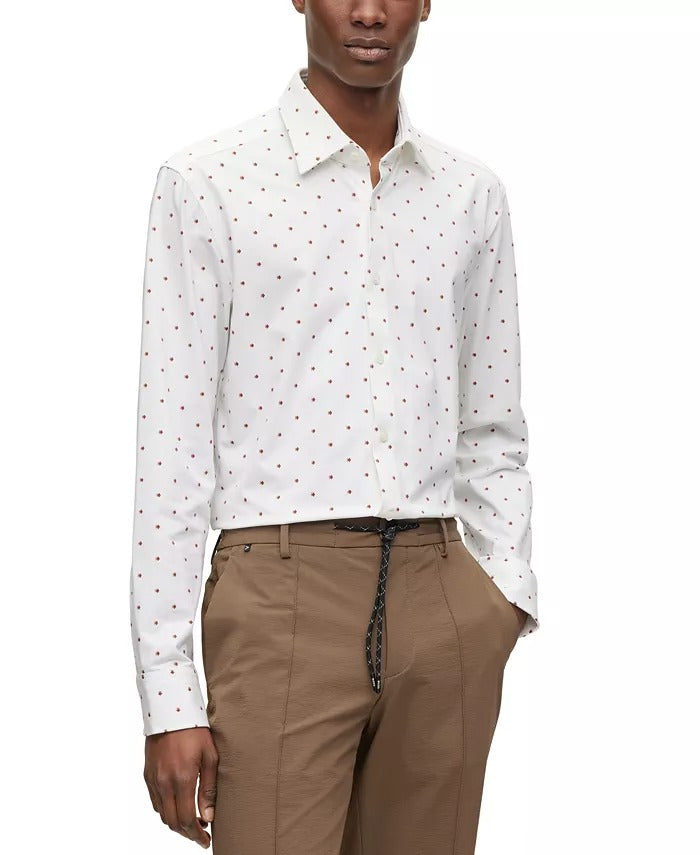 BOSS by Hugo Boss Men's Printed Stretch Cotton Slim Dress Shirt Size 15 White