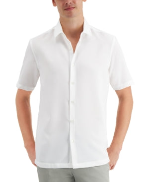Alfani Mens Solid Short Sleeve Button Down Shirt White Small