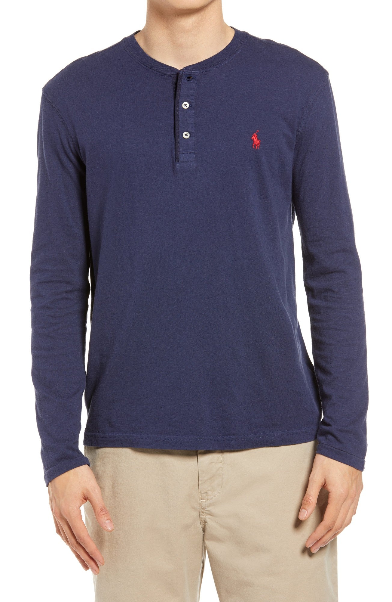 Polo Ralph Lauren Mens Slub Henley Long Sleeve  Jersey Shirt Navy Blue Medium