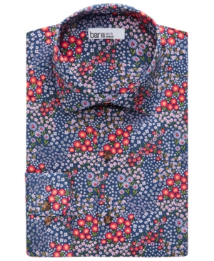 Bar III Men's Organic Cotton Floral print Slim Fit Dress Shirt Navy 17 17.5