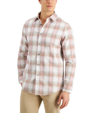 Tasso Elba Mens Fierto Dobby Plaid Button Down Shirt Red White Medium