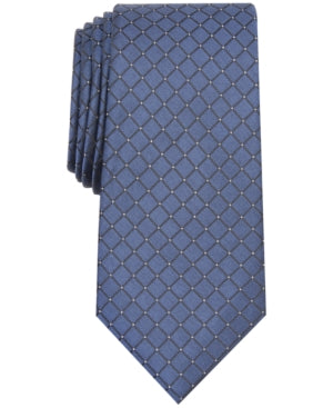 Alfani Mens Malone Grid Slim Tie Navy Blue Necktie