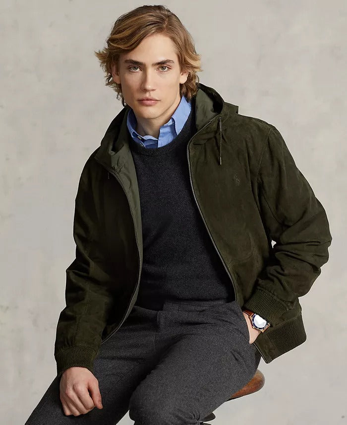 Polo Ralph Lauren Men's Reversible Leather Suede Hooded Jacket Large Green Olive