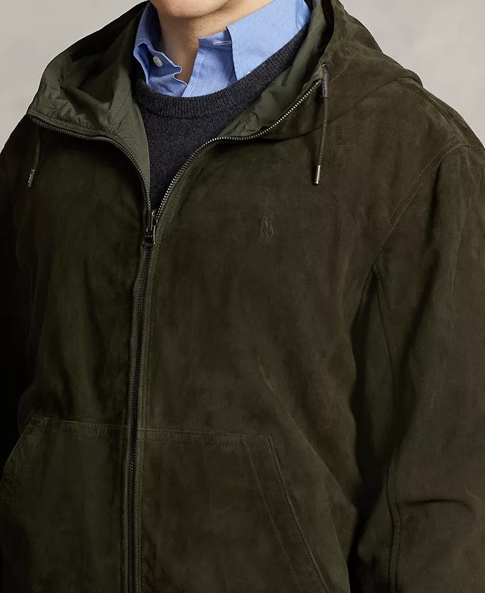 Polo Ralph Lauren Men's Reversible Leather Suede Hooded Jacket Large Green Olive