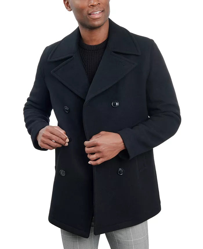 London Fog Mens Double-Breasted Wool Peacoat Coat 46R Black