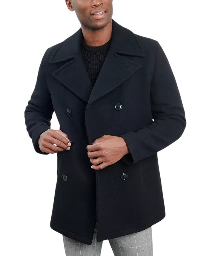 London Fog Men Double-Breasted Wool Blend Peacoat Coat 38 R Black