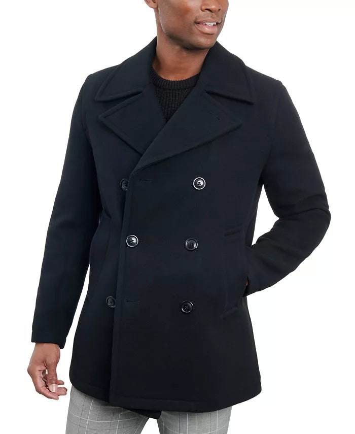 London Fog Mens Double-Breasted Wool Peacoat Coat 44R Black
