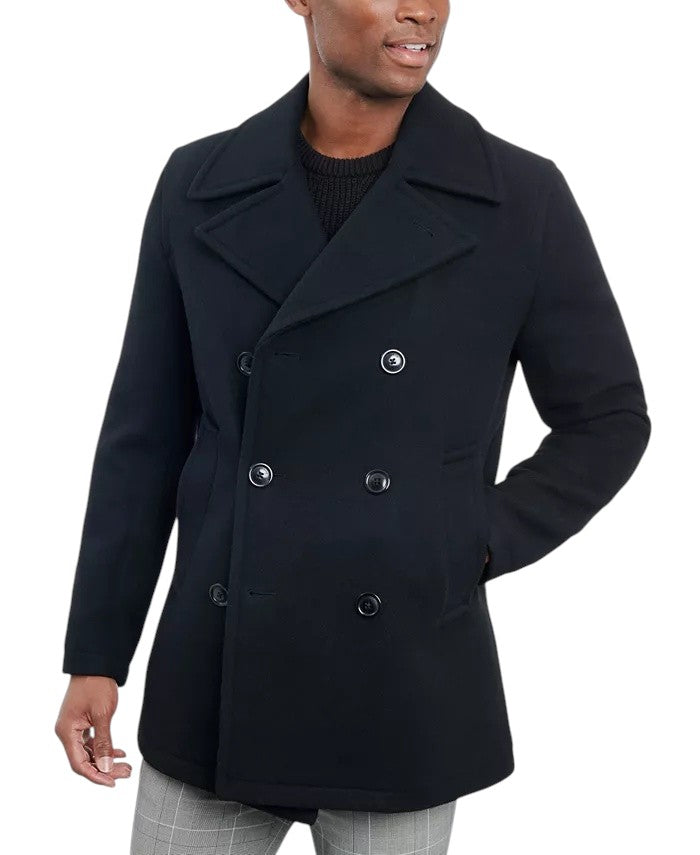 London Fog Men Double-Breasted Wool Blend Peacoat Coat 38 R Black