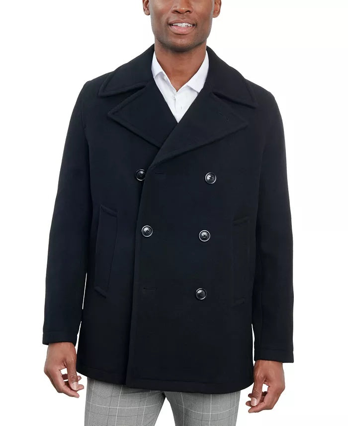London Fog Mens Double-Breasted Wool Peacoat Coat 46R Black