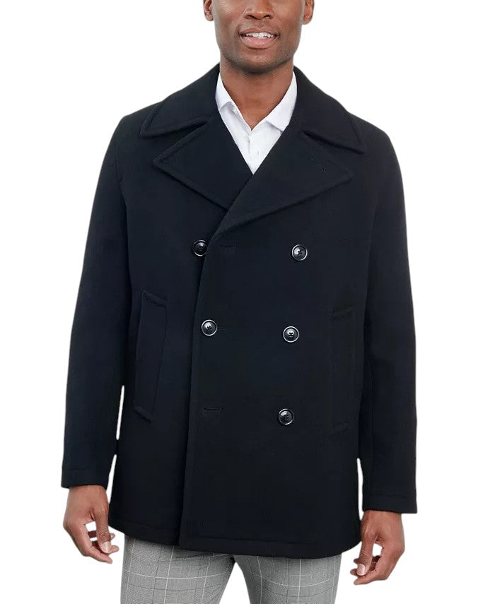 London Fog Men Double-Breasted Wool Blend Peacoat Coat 38 R Black