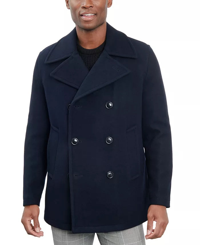 London Fog Mens Double-Breasted Wool Blend Peacoat Coat 44 R Navy Blue