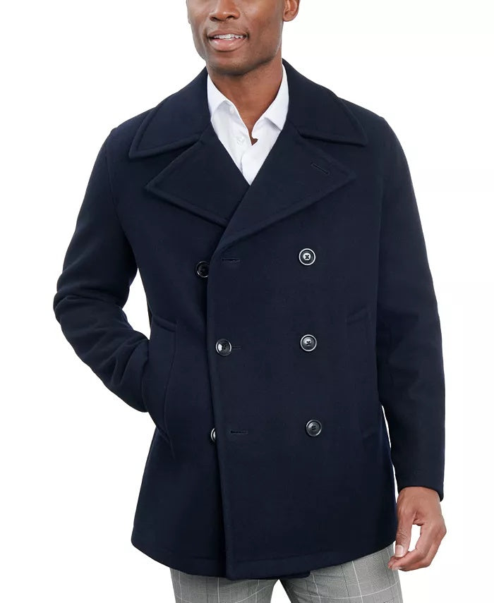 London Fog Men Double-Breasted Wool Blend Peacoat Coat 48 R Navy Blue