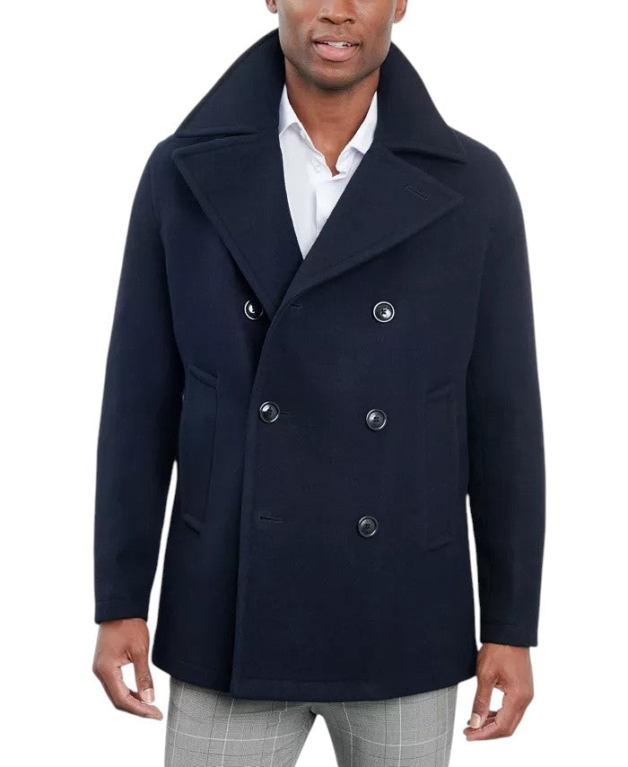 London Fog Men Double-Breasted Wool Blend Peacoat Coat 42 S Navy Blue
